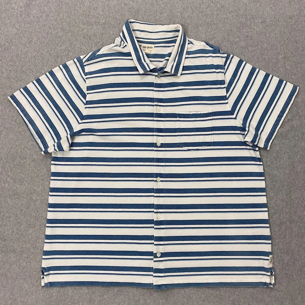 Todd Snyder Shirt Mens XXL White Blue Striped Cotton Short Sleeve Button Up